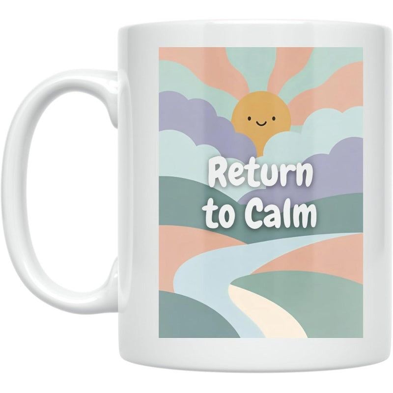 Tailorly White Ceramic 11 oz Mug - Return To Calm Smiling Sun Over Pastel Rolling Hills With Soft Clouds And Peaceful River Landscape