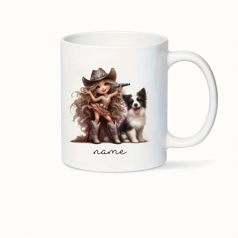 Tailorly White Ceramic 11 oz Mug - Name Adorable Young Cowgirl With Long Hair Beside A Loyal Border Collie Dog