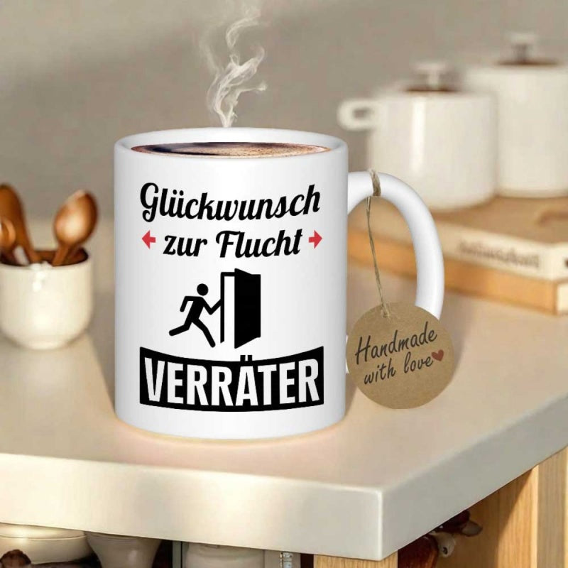 Tailorly White Ceramic 11 oz Mug - Handmade With Love Clean With Classic Emergency Exit Sign Graphic Illustration Mug