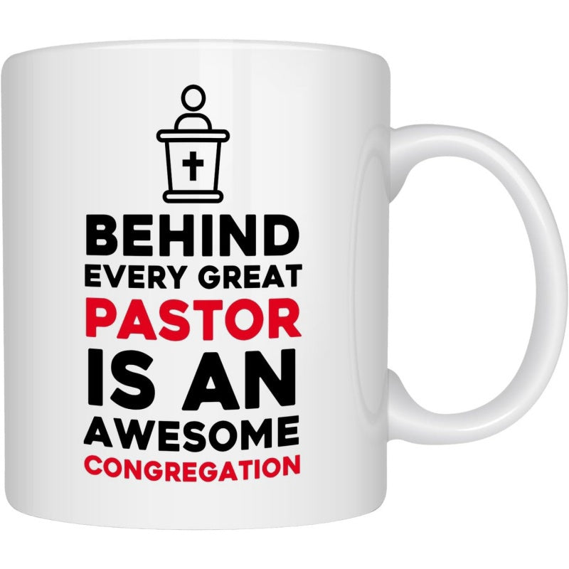 Tailorly White Ceramic 11 oz Mug - Behind Every Great Pastor Is An Awesome Congregation Minimalist Religious Silhouette Icon Of A Person Standing Behind A Pulpit