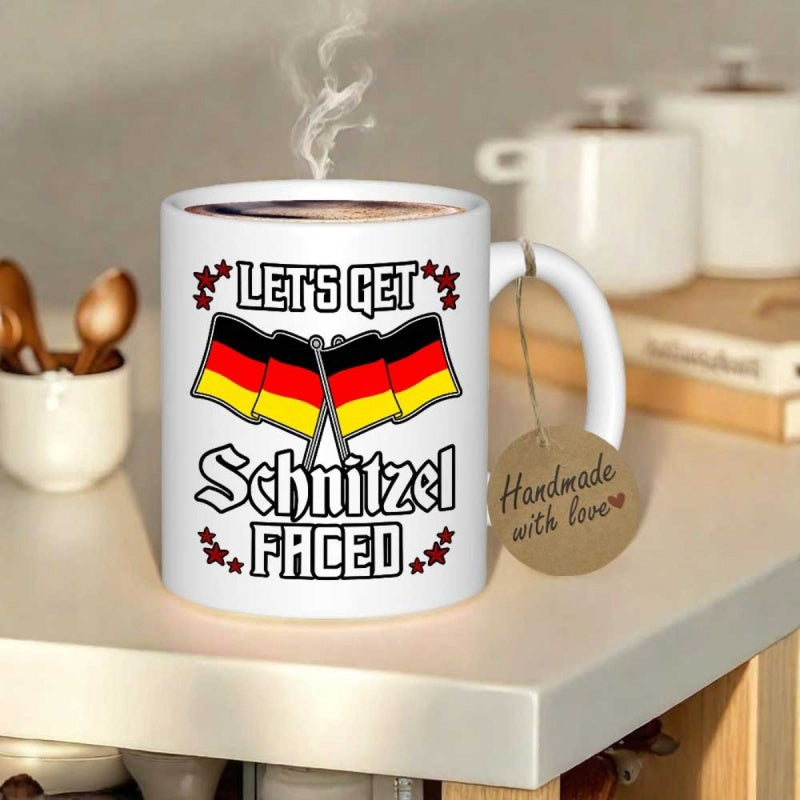 Tailorly White Ceramic 11 oz Mug - Lets Get Schnitzel Faced Crossed German Flags With Small Red Stars Patriotic Celebration Flag