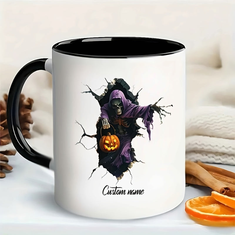 Tailorly Black Accent 11 oz Mug - purple hooded figure with pumpkin personalized name