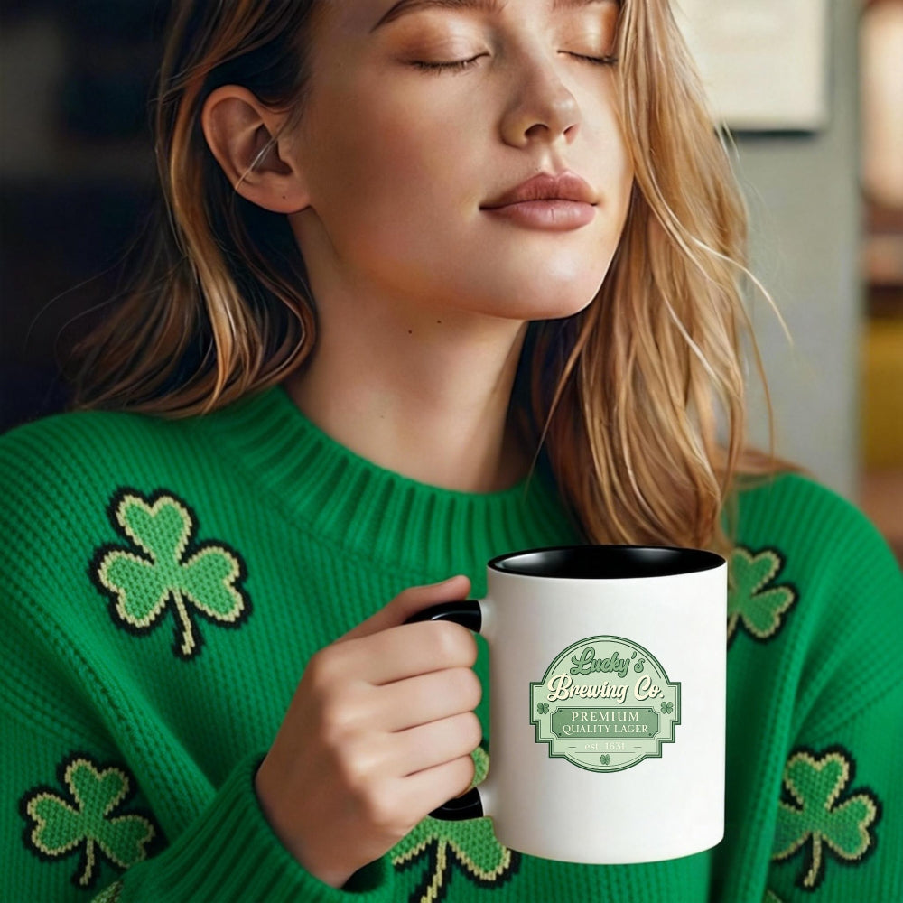 Tailorly Black Accent 11 oz Mug - green shamrock sweater logo