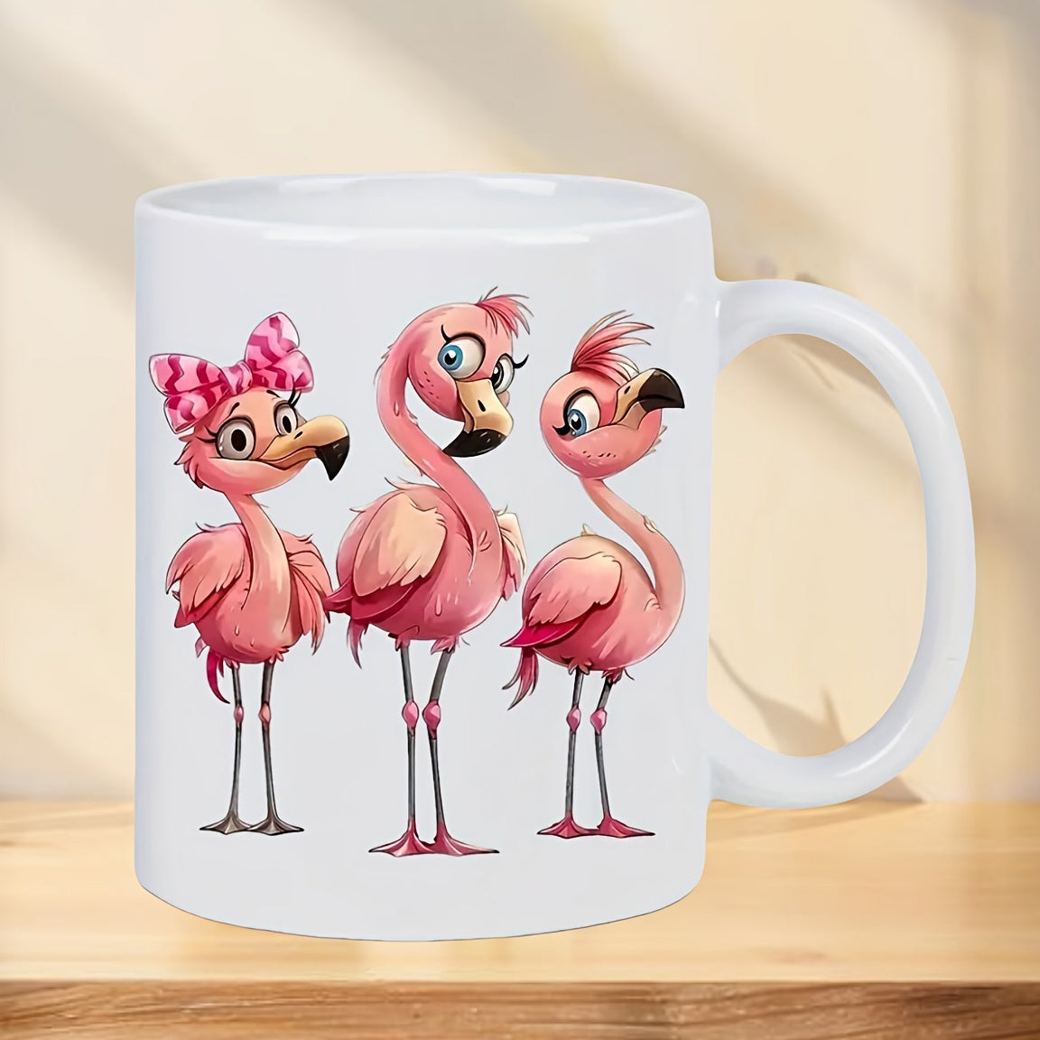 Tailorly White Ceramic 11 oz Mug - Three Adorable Pink Cartoon Flamingos Standing Together With A Pretty Bow Flamingo
