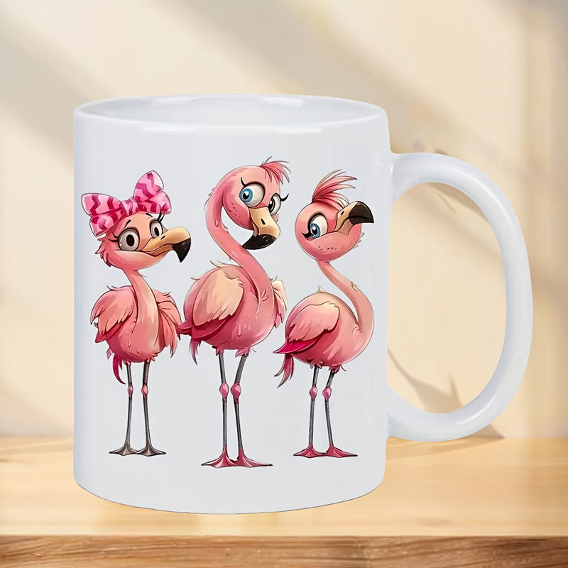 Tailorly White Ceramic 11 oz Mug - Three Adorable Pink Cartoon Flamingos Standing Together With A Pretty Bow Flamingo