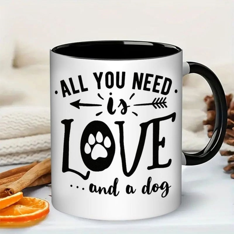 Tailorly Black Accent 11 oz Mug - 11 oz coffee mug with love and a dog ceramic mug with paw print design black handle and interior coffee tea or hot