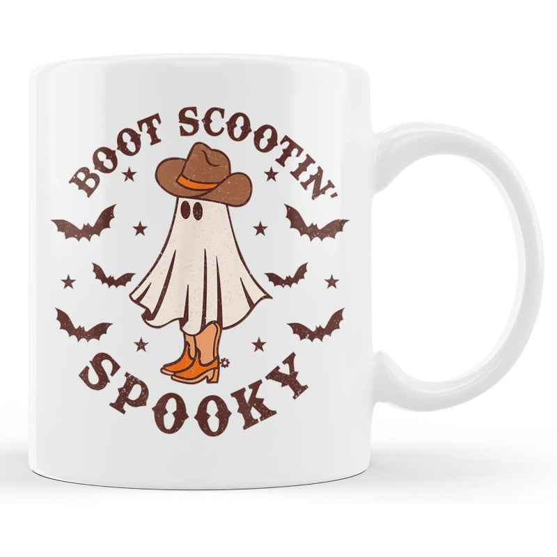 Tailorly White Ceramic 11 oz Mug - Boot Scootin Spooky Arched Western Typography Surrounding A Cute Cowboy Hat Wearing Ghost