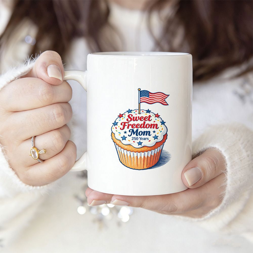 Tailorly White Ceramic 11 oz Mug - Sweet Freedom Mom American Flag Waving From A Frosted Star Decorated Patriotic Cupcake
