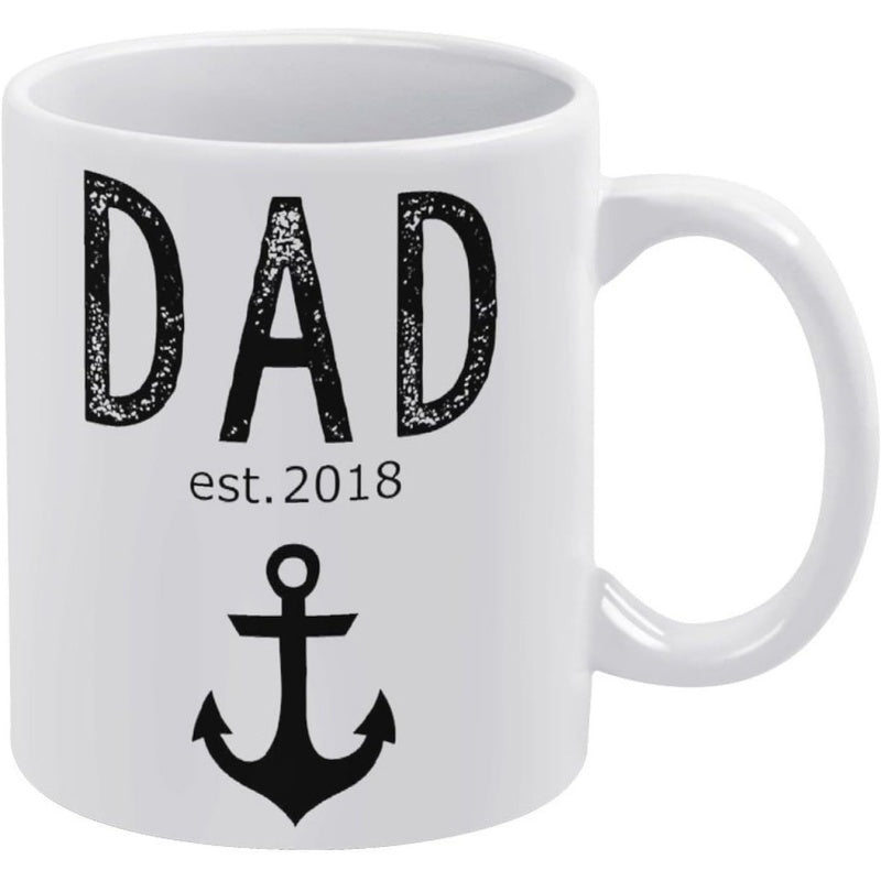 Tailorly White Ceramic 11 oz Mug - Dad Est 2018 Distressed Nautical Style Symbols Featuring A Classic Maritime Black Silhouette Anchor