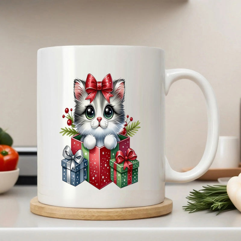 Tailorly White Ceramic 11 oz Mug - Adorable Festive Kitten With Red Bow Inside Christmas Gift Boxes Cat