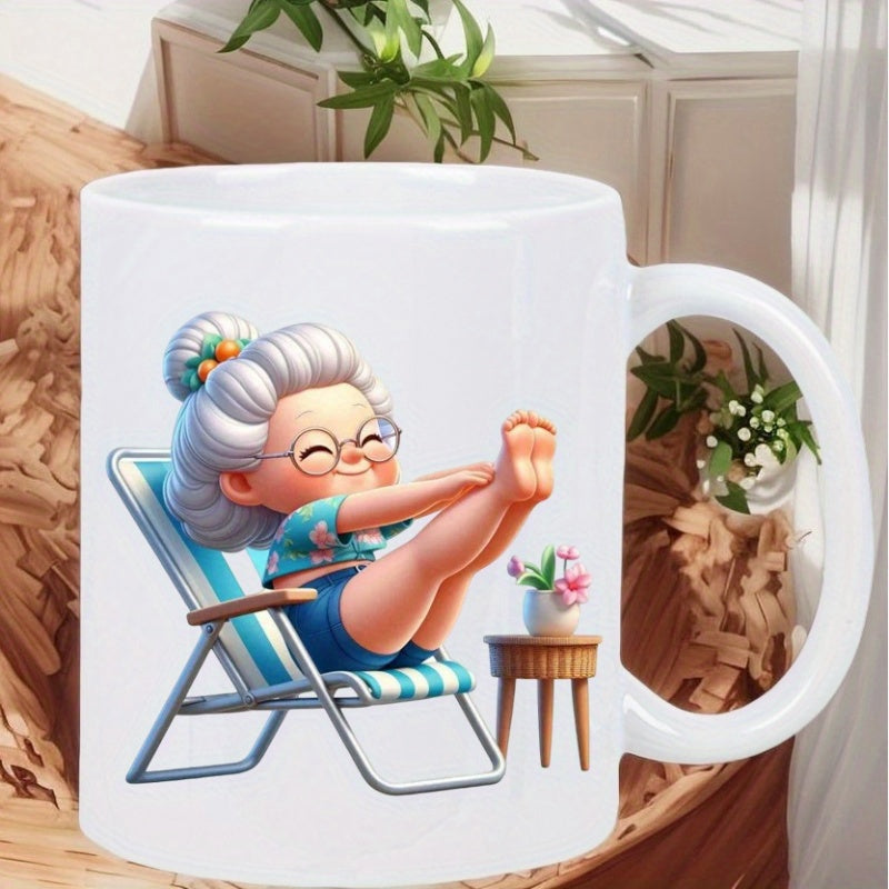 Tailorly White Ceramic 11 oz Mug - Cheerful Cartoon Relaxing On A Striped Beach Chair With Potted Flowers Grandmother