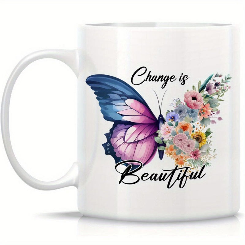 Tailorly White Ceramic 11 oz Mug - Change Is Beautiful Elegant Wings Featuring Vibrant Blooming Colorful Flowers Among Summer Petals Butterfly