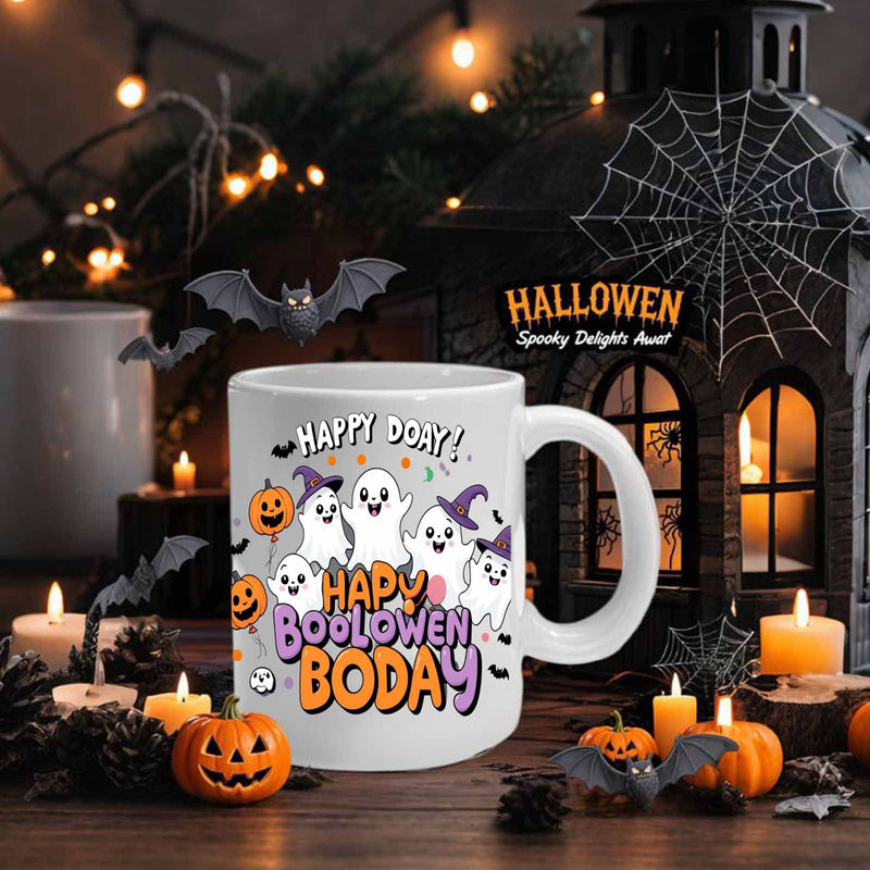 Tailorly White Ceramic 11 oz Mug - Happy Doay Happy Boolowen Boday Adorable Cartoon Ghosts Floating Among Pumpkins And Bats In Festive Atmosphere Ghost