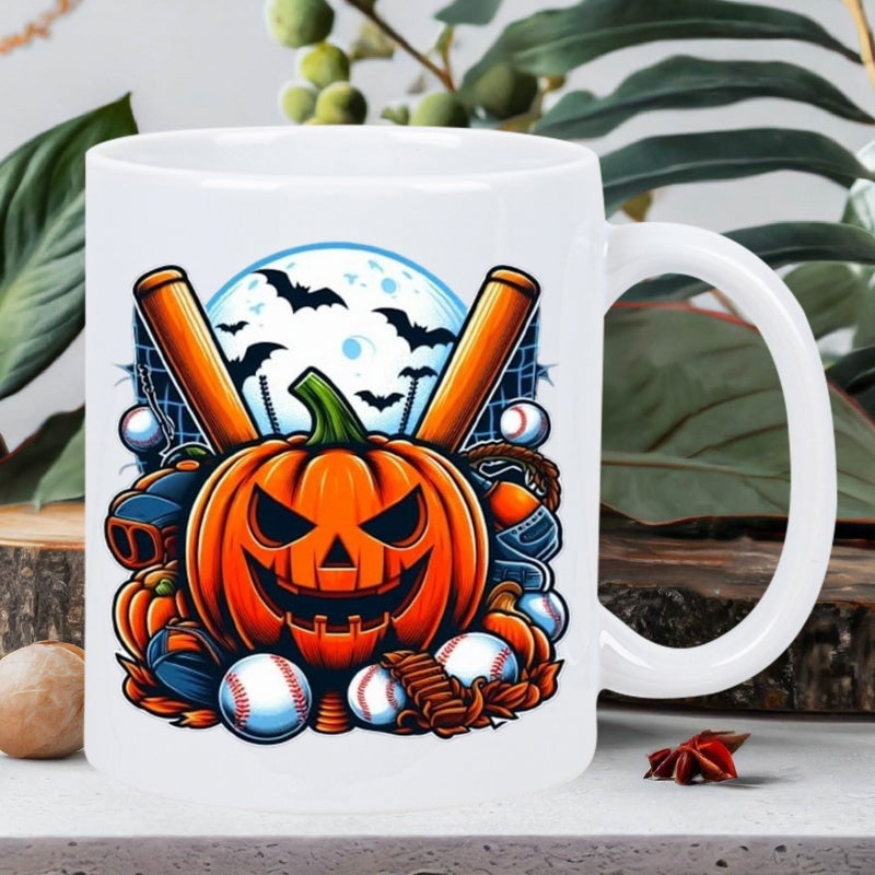 Tailorly White Ceramic 11 oz Mug - Spooky Halloween Carved Jack O Lantern With Bats And Baseballs Pumpkin