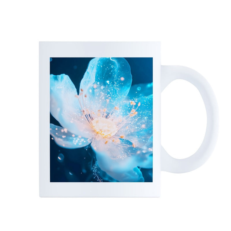 Tailorly White Ceramic 11 oz Mug - Glowing Blue Translucent Petals With Sparkling Stamen Against Dark Cosmic Background Flower