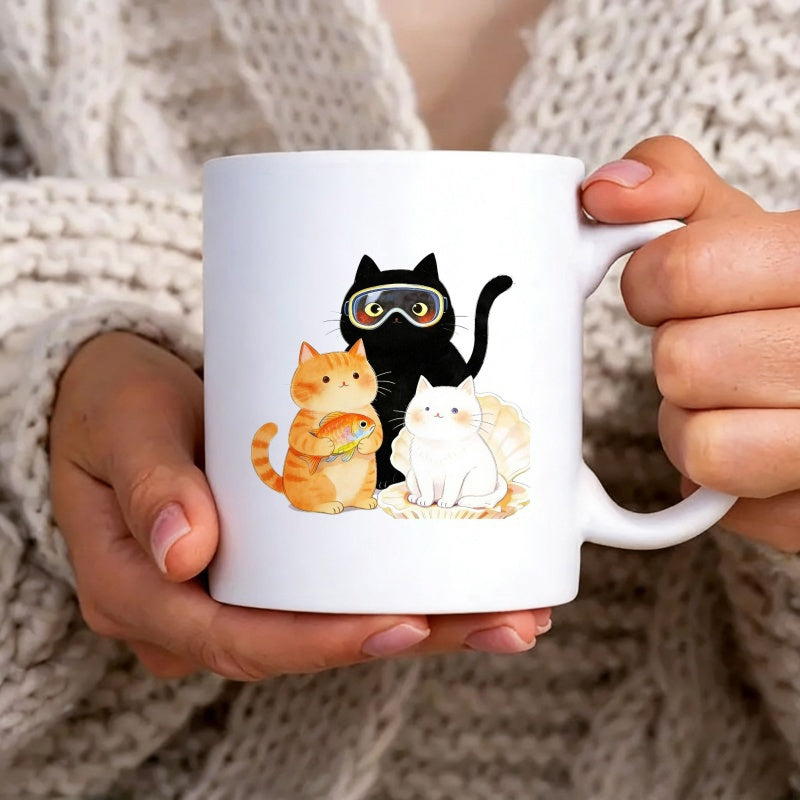 Tailorly White Ceramic 11 oz Mug - Three Cute Cartoon Felines Wearing Scuba Goggles Sitting In Soft Watercolor Style Cat