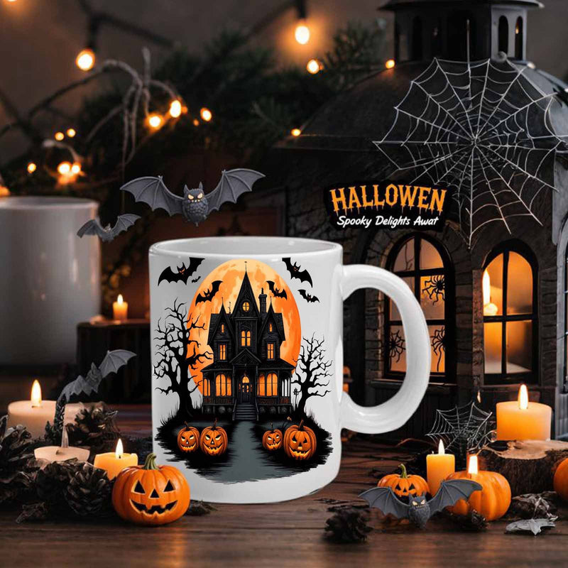 Tailorly White Ceramic 11 oz Mug - Halloween Spooky Delight Awaits Spooky Haunted House Under Glowing Orange Harvest Moon With Bats Haunted House