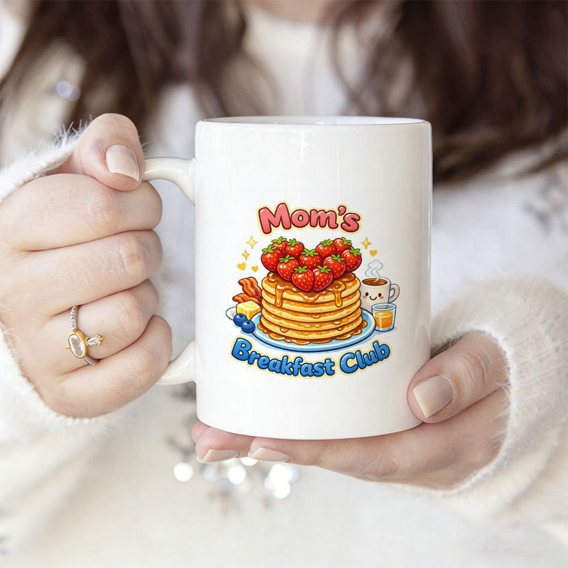 Tailorly White Ceramic 11 oz Mug - Moms Breakfast Club Delicious Golden Pancakes Topped With Heart Shaped Strawberries And Coffee Pancake
