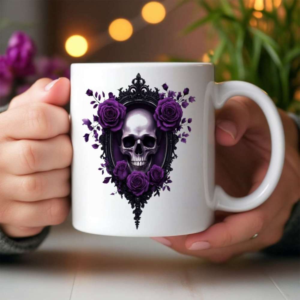 Tailorly White Ceramic 11 oz Mug - Intricate Gothic Frame With Deep Purple Roses Surrounding A Detailed Skull