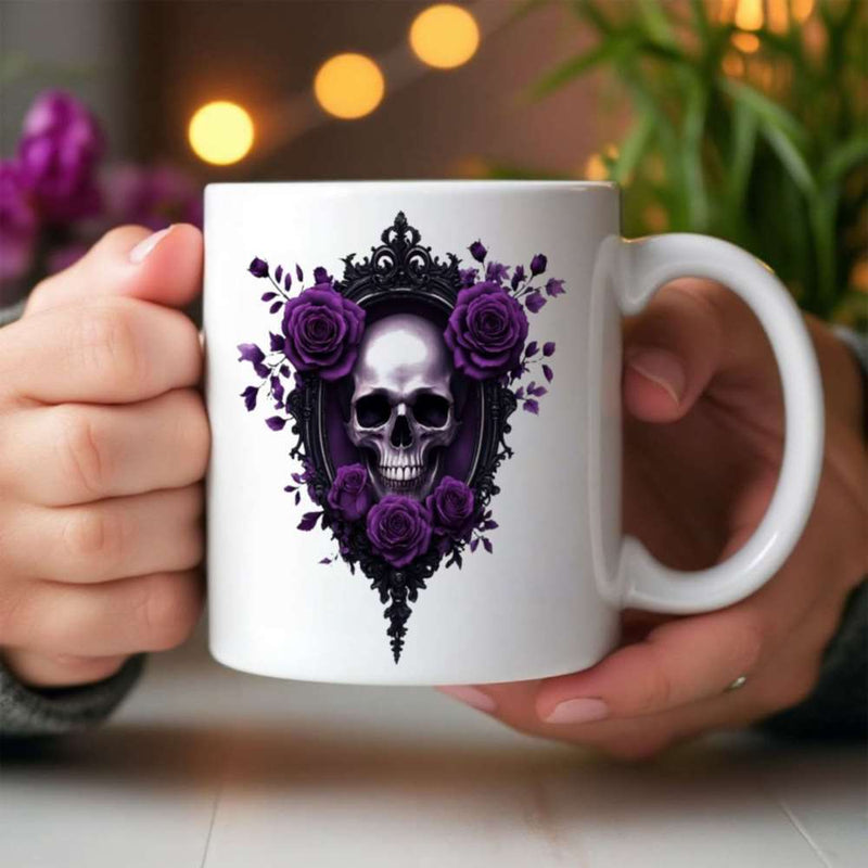 Tailorly White Ceramic 11 oz Mug - Intricate Gothic Frame With Deep Purple Roses Surrounding A Detailed Skull