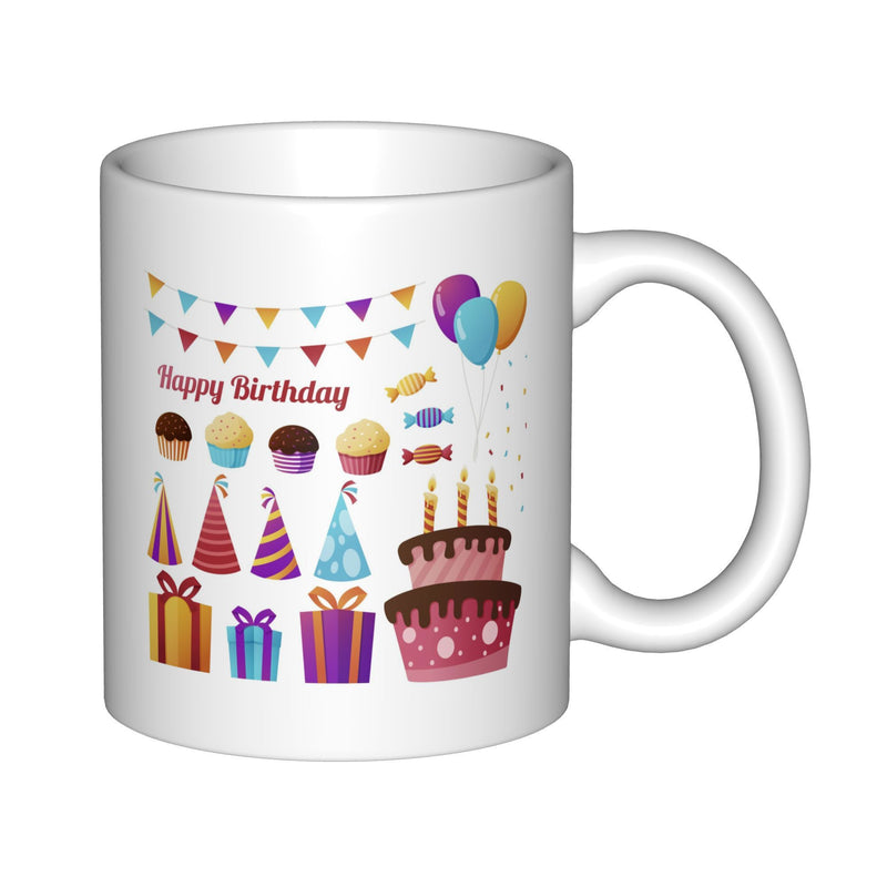 Tailorly White Ceramic 11 oz Mug - Happy Birthday Colorful Balloons Party Hats And Sweet Candles On A Tiered Cake