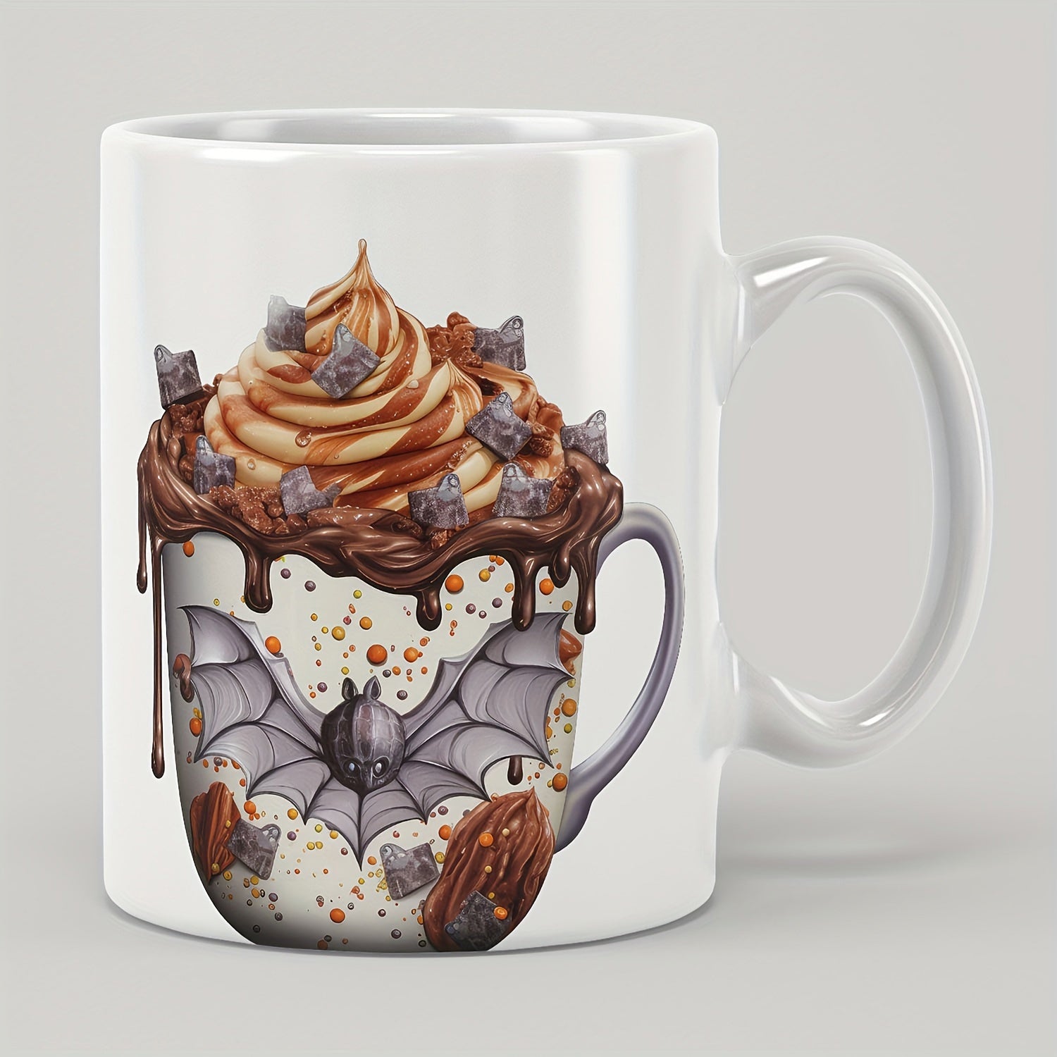 Tailorly White Ceramic 11 oz Mug - Delicious Whipped Cream Topped Hot Chocolate With Spooky Halloween Bat Drink