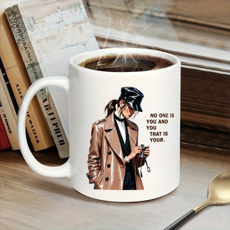 Tailorly White Ceramic 11 oz Mug - No One Is You And You That Is Your Fashionable Lady Wearing Brown Trench Coat Holding Vintage Film Camera Woman