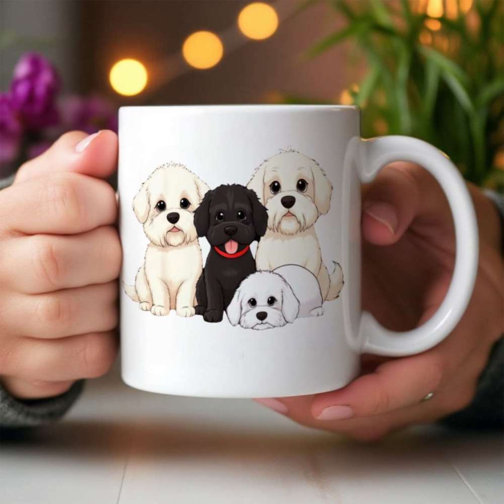 Tailorly White Ceramic 11 oz Mug - Adorable Group Of Fluffy White And Black Puppies Sitting Together Dog