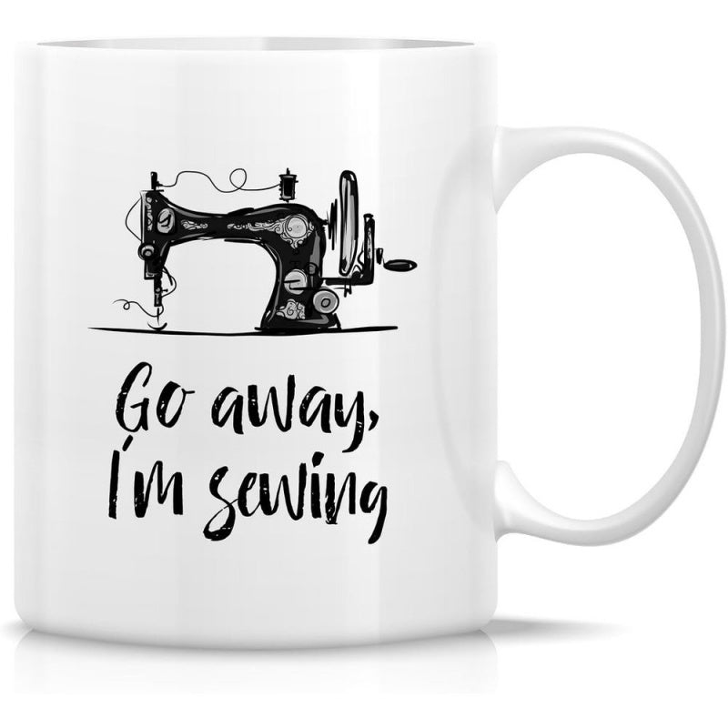 Tailorly White Ceramic 11 oz Mug - Go Away Im Sewing Classic Vintage Style Black Metal Detailed Manual Traditional Handheld Craft Sewing Machine
