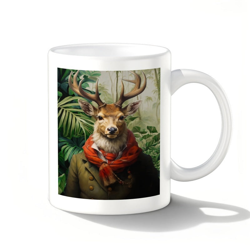 Tailorly White Ceramic 11 oz Mug - Majestic Antlered Stag Wearing Victorian Style Suit And Vibrant Red Scarf Deer