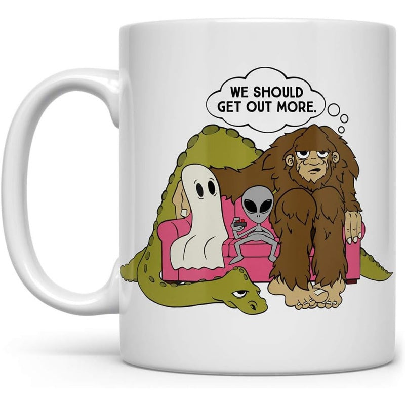 Tailorly White Ceramic 11 oz Mug - We Should Get Out More Mythical Cryptids Sitting Together On A Pink Sofa Sharing A Lazy Moment Bigfoot