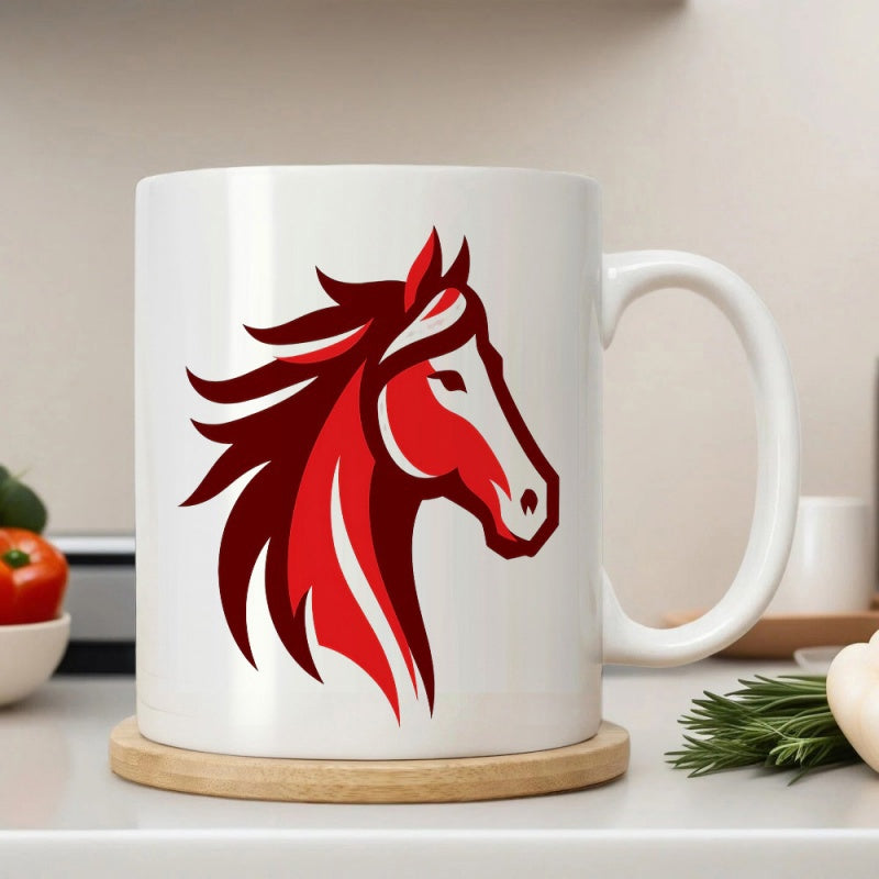 Tailorly White Ceramic 11 oz Mug - Vibrant Red Stylized Stallion Head Featuring Flowing Artistic Mane Horse