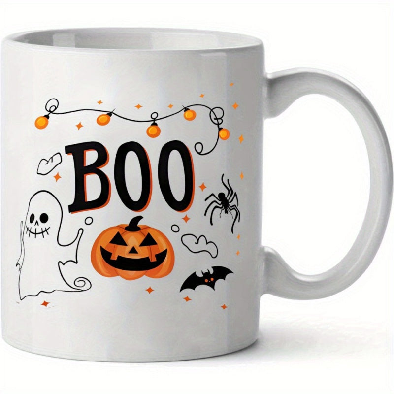 Tailorly White Ceramic 11 oz Mug - Boo Spooky Ghost Smiling Jack O Lantern With Flying Bat And Spider Mug