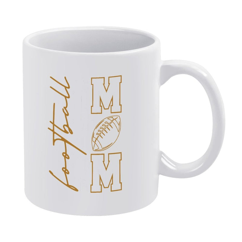 Tailorly White Ceramic 11 oz Mug - Football Mom Elegant Golden Cursive Script With Collegiate Style Athletic Football