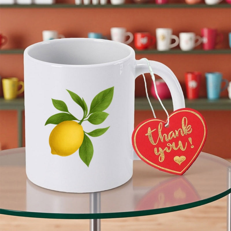 Tailorly White Ceramic 11 oz Mug - Thank You Vibrant Yellow Citrus Fruit With Lush Green Leaves On A Branch Lemon