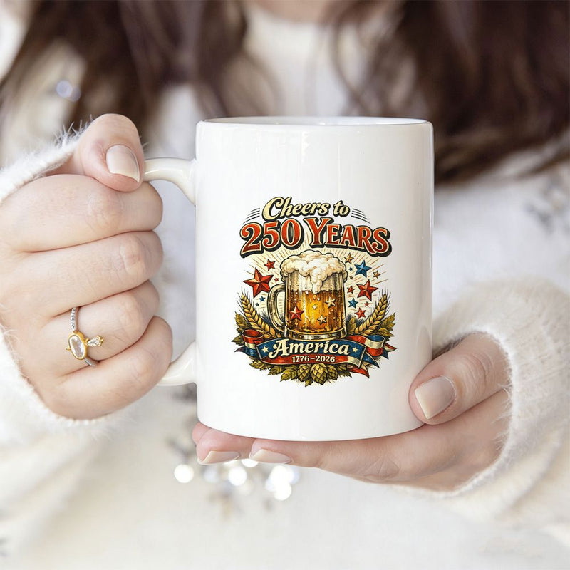 Tailorly White Ceramic 11 oz Mug - Cheers To 250 Years America 1776 2026 Frothy Mug Of Cold Beer Surrounded By Stars And Wheat Beer Mug