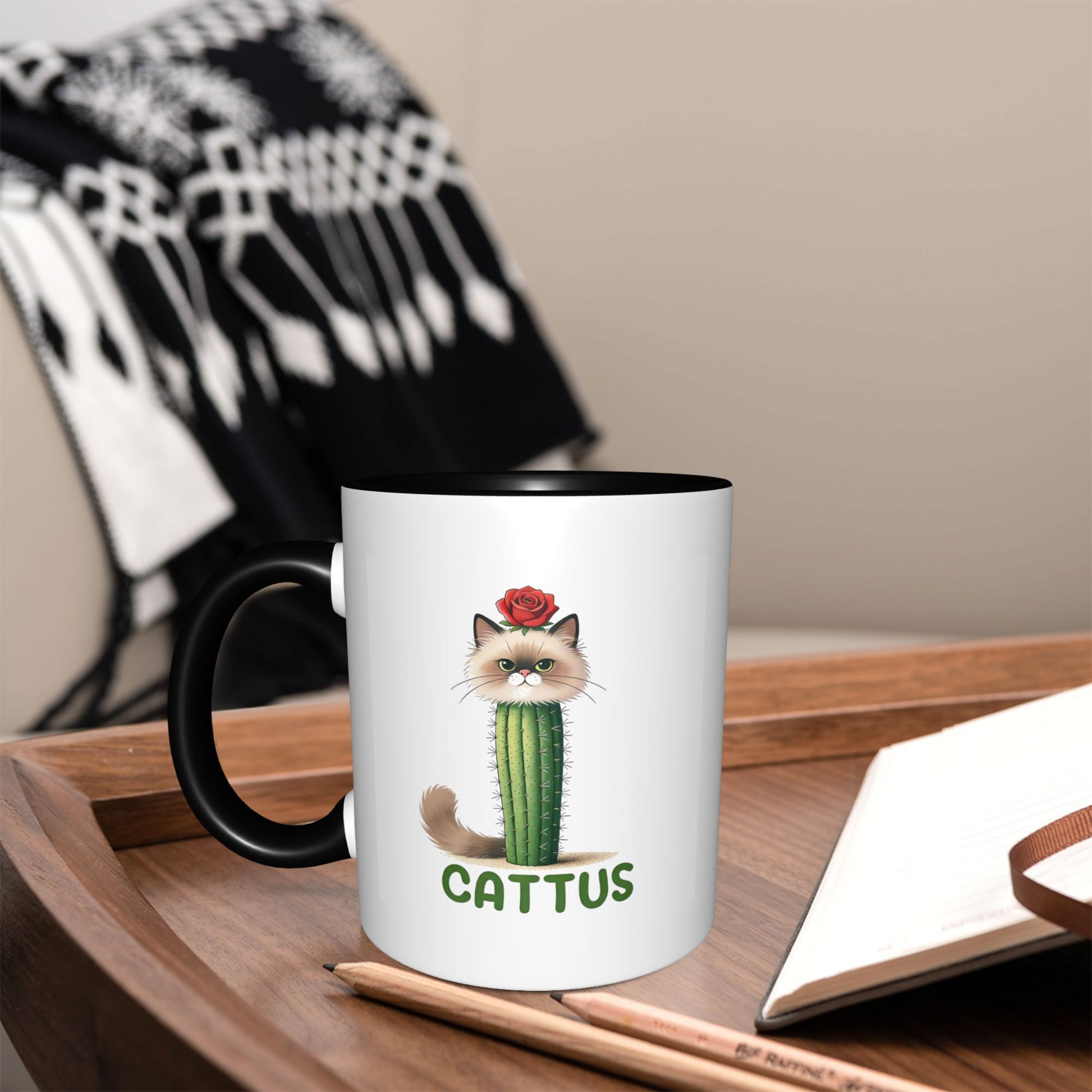 Tailorly Black Accent 11 oz Mug - Cactus Black Accent Funny Mug Top Tier Ceramic Cup Mug Drinkware Meaningful Cat Lover Gift Durable Daily Use