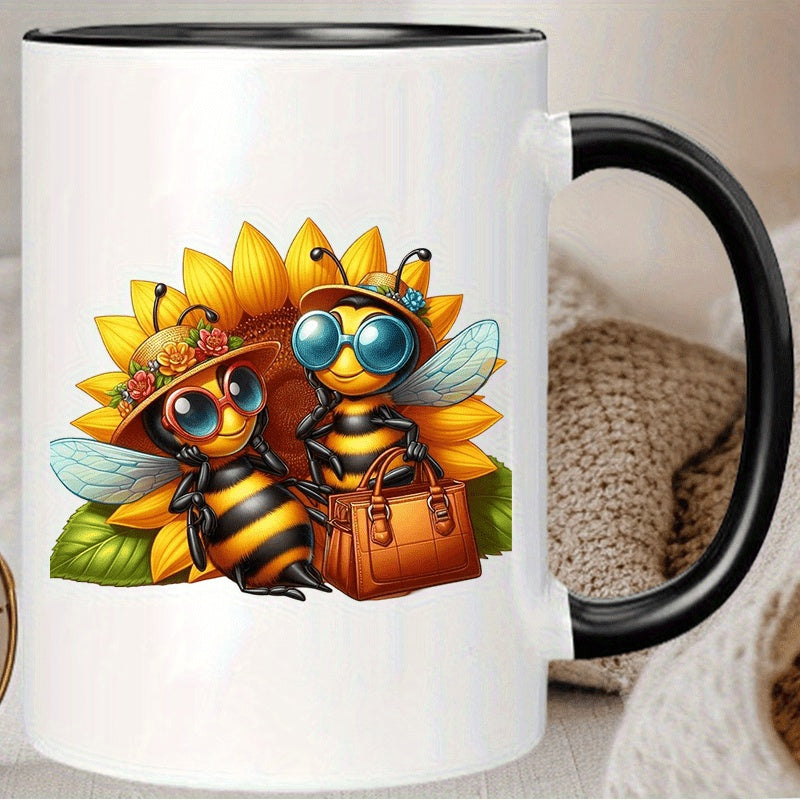 Tailorly Black Accent 11 oz Mug - cute bees and sunflowers
