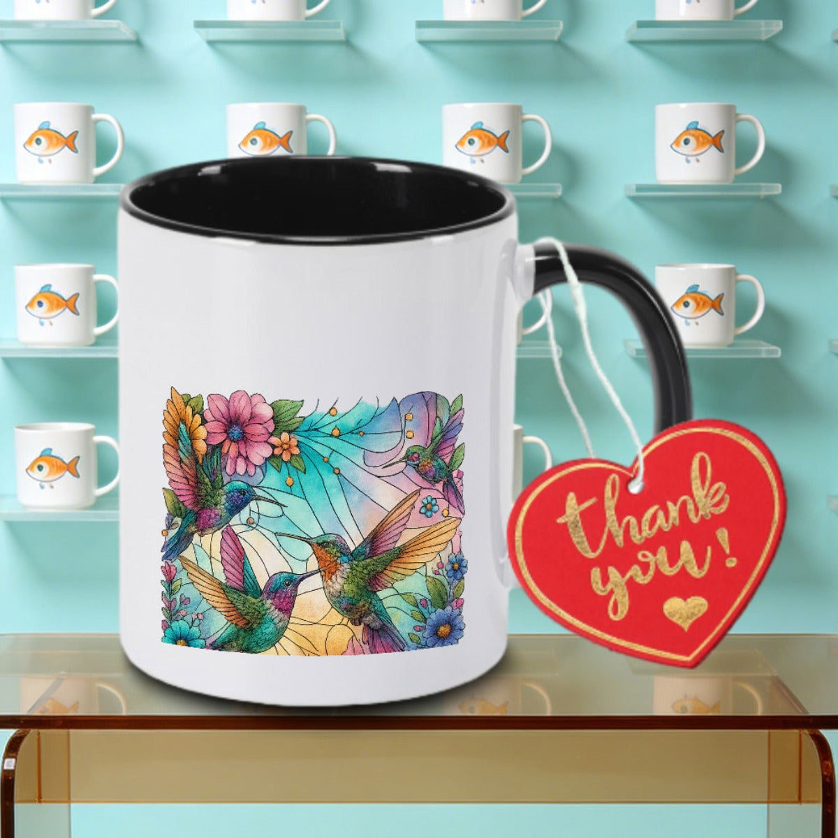 Tailorly Black Accent 11 oz Mug - Colorful Friendship Hummingbird Logo