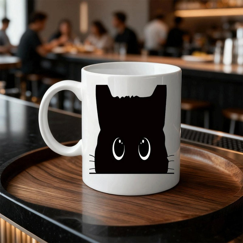 Tailorly White Ceramic 11 oz Mug - Minimalist Black Feline Peeking With Curious Wide Expressive Eyes Cat