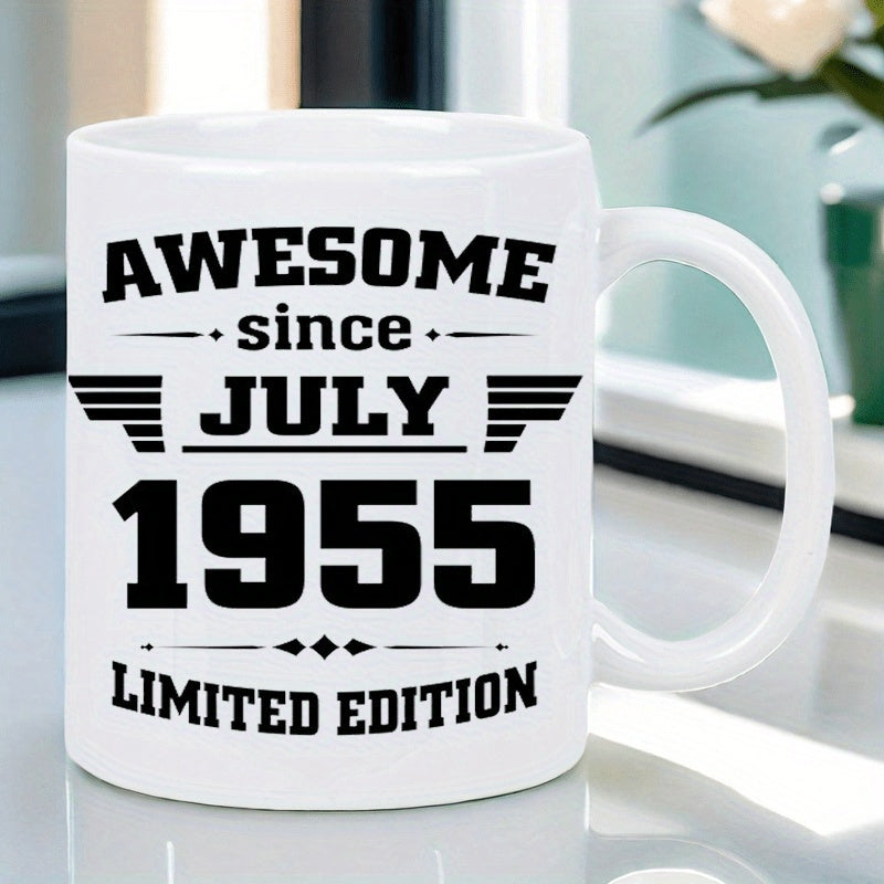 Tailorly White Ceramic 11 oz Mug - Awesome Since July 1955 Limited Edition Vintage Style Typographic Layout With Horizontal Wings Decoration On Ceramic Mug