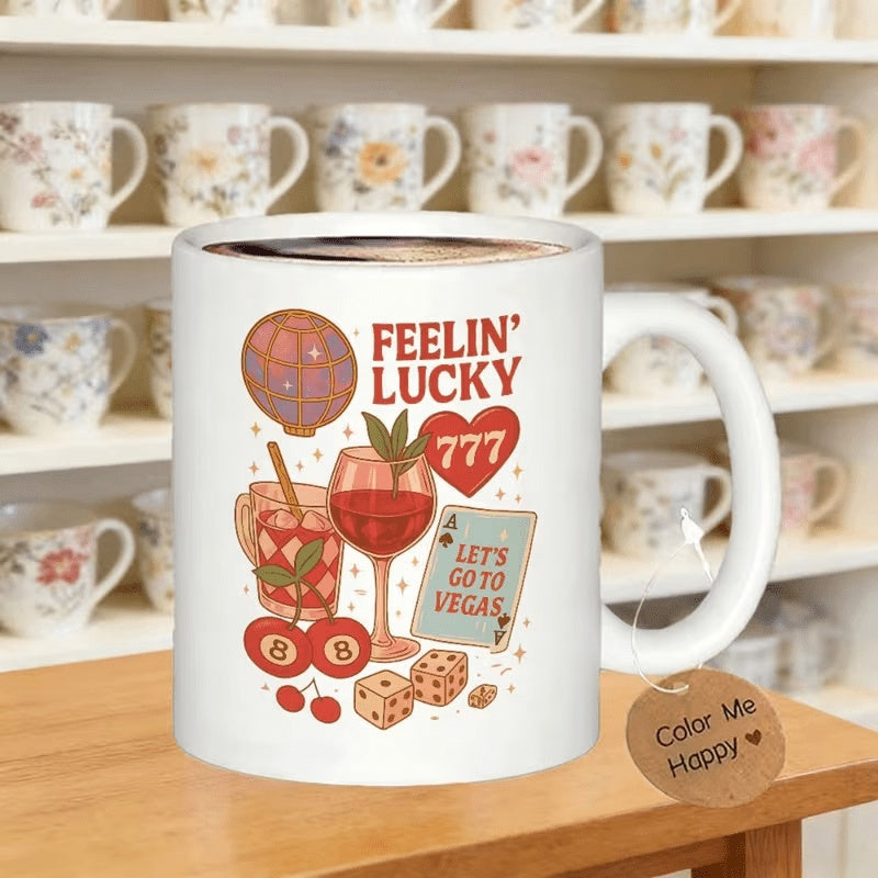 Tailorly White Ceramic 11 oz Mug - Feelin Lucky Lets Go To Vegas 777 Retro Casino Elements With Dice Cherries And Heart Shapes Mug