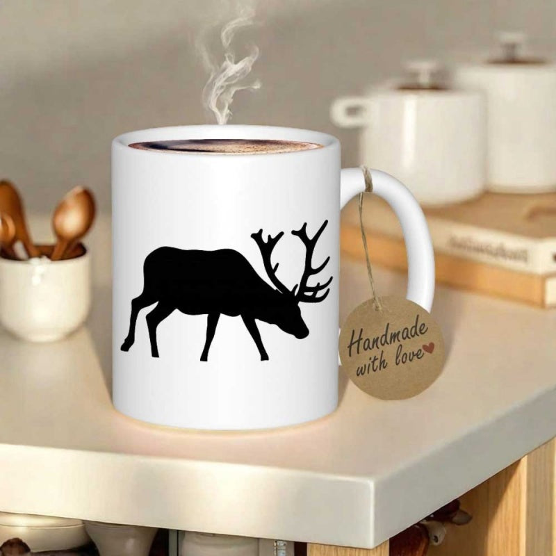 Tailorly White Ceramic 11 oz Mug - Handmade With Love Standing Silhouette Of A Wild Forest Creature With Majestic Antlers Deer