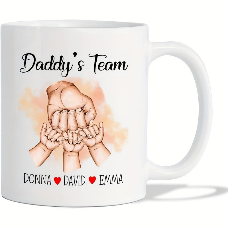 Tailorly White Ceramic 11 oz Mug - Daddys Team Donna David Emma Soft Peach Watercolor Background With Large And Small Family Bumping Fist