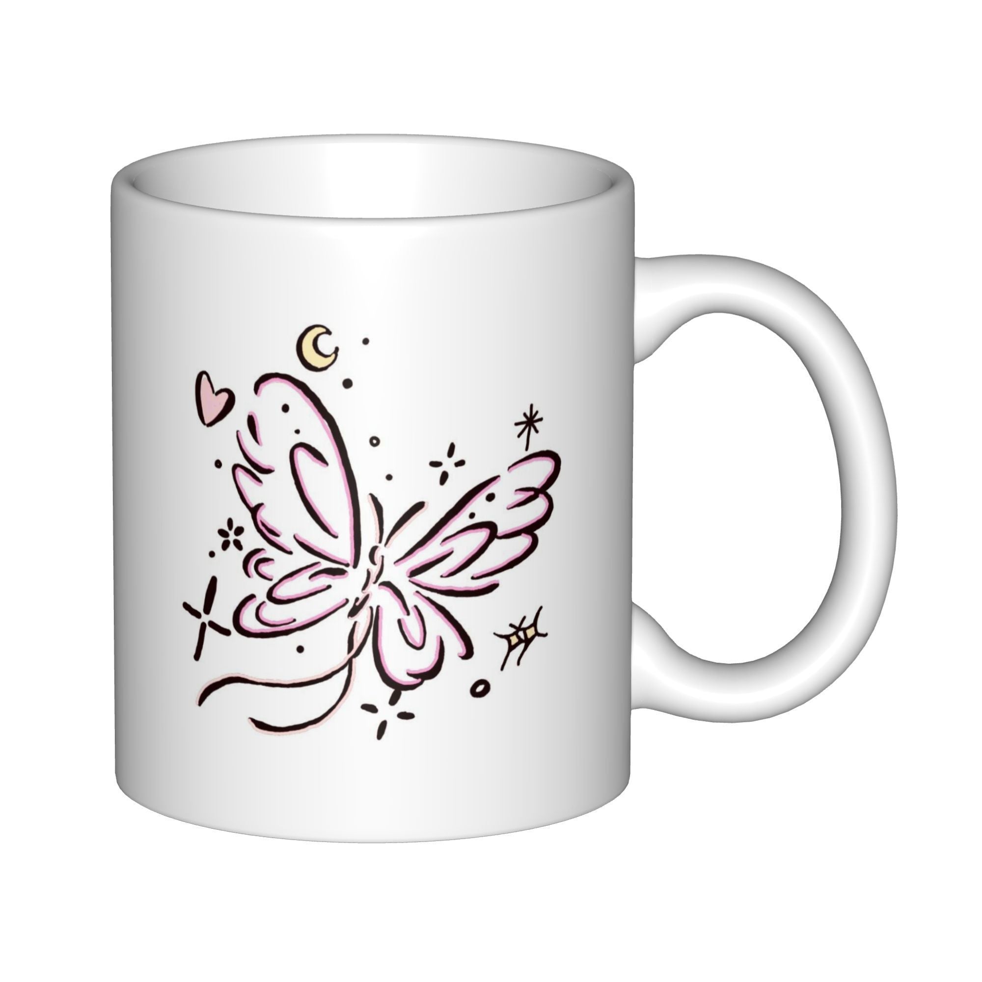 Tailorly White Ceramic 11 oz Mug - Hand Drawn Purple Aesthetic Design With Sparkling Stars And Heart Butterfly