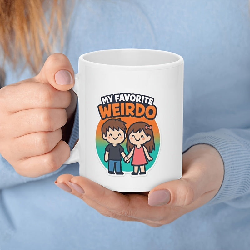 Tailorly White Ceramic 11 oz Mug - My Favorite Weirdo Cute Cartoon Children Holding Hands Before Colorful Sunset Background Couple