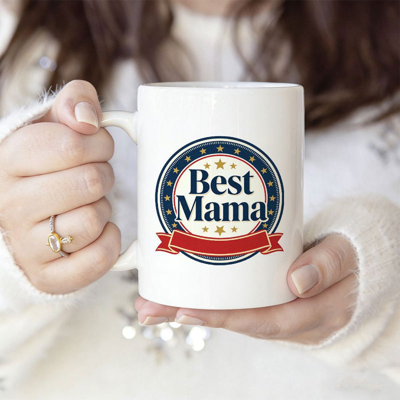 Tailorly White Ceramic 11 oz Mug - Best Mama Circular Navy Blue Seal With Golden Stars And Red Ribbon Badge