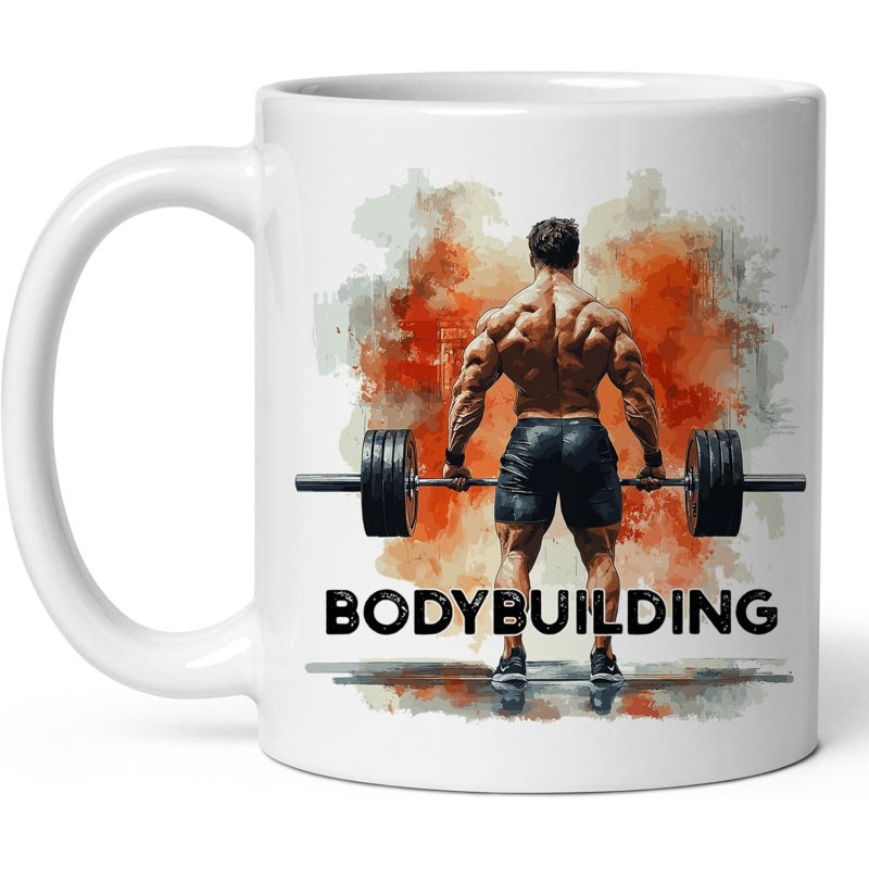 Tailorly White Ceramic 11 oz Mug - Bodybuilding Strong Muscular Man Lifting Heavy Barbell Among Fiery Orange Watercolor Splashes Bodybuilder
