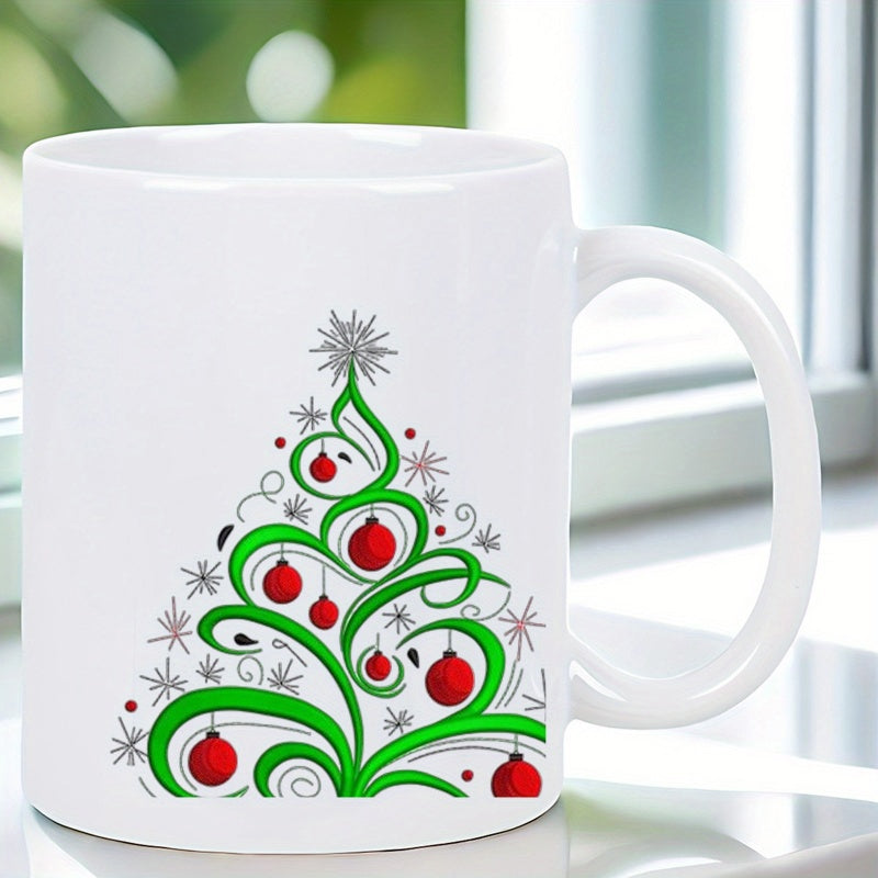 Tailorly White Ceramic 11 oz Mug - Stylized Green Swirling Lines Decorated With Red Ornaments And Festive Silver Stars Christmas Tree