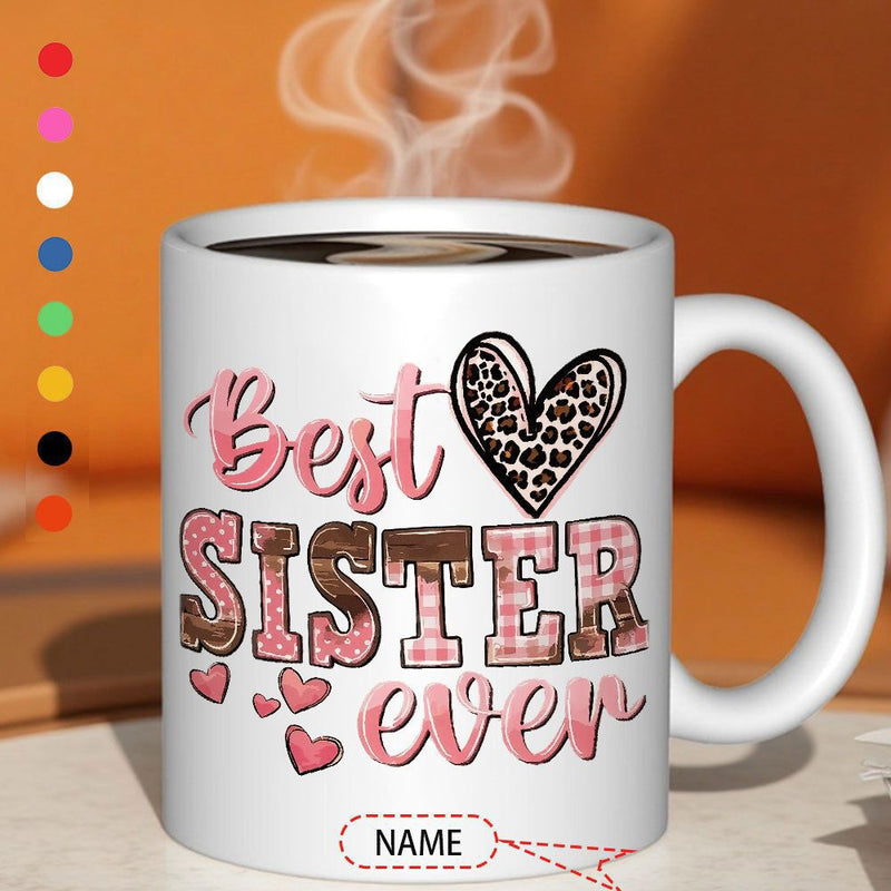 Tailorly White Ceramic 11 oz Mug - Best Sister Ever Pink Plaid And Leopard Print Textures With Decorative Floating Small Heart